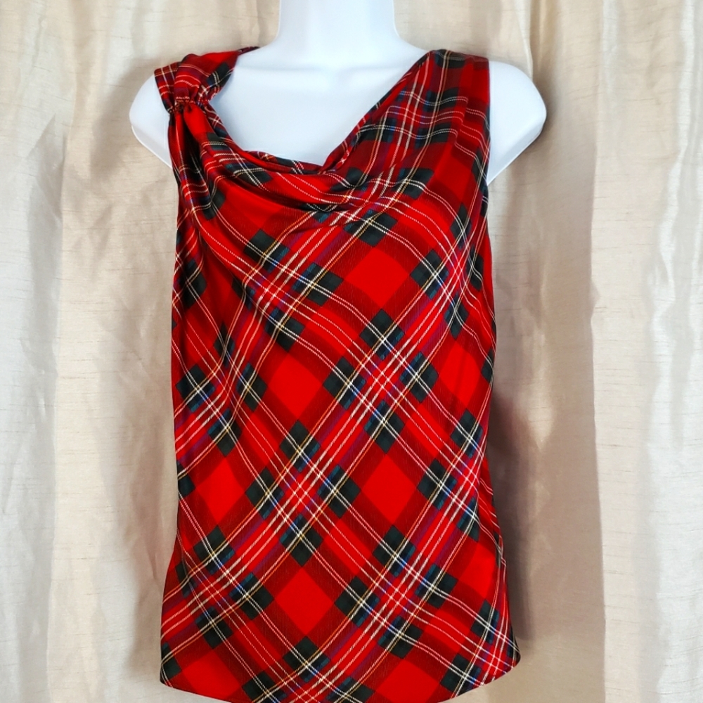 Talbots Red Plaid Sleeveless Cowl Neck Blouse